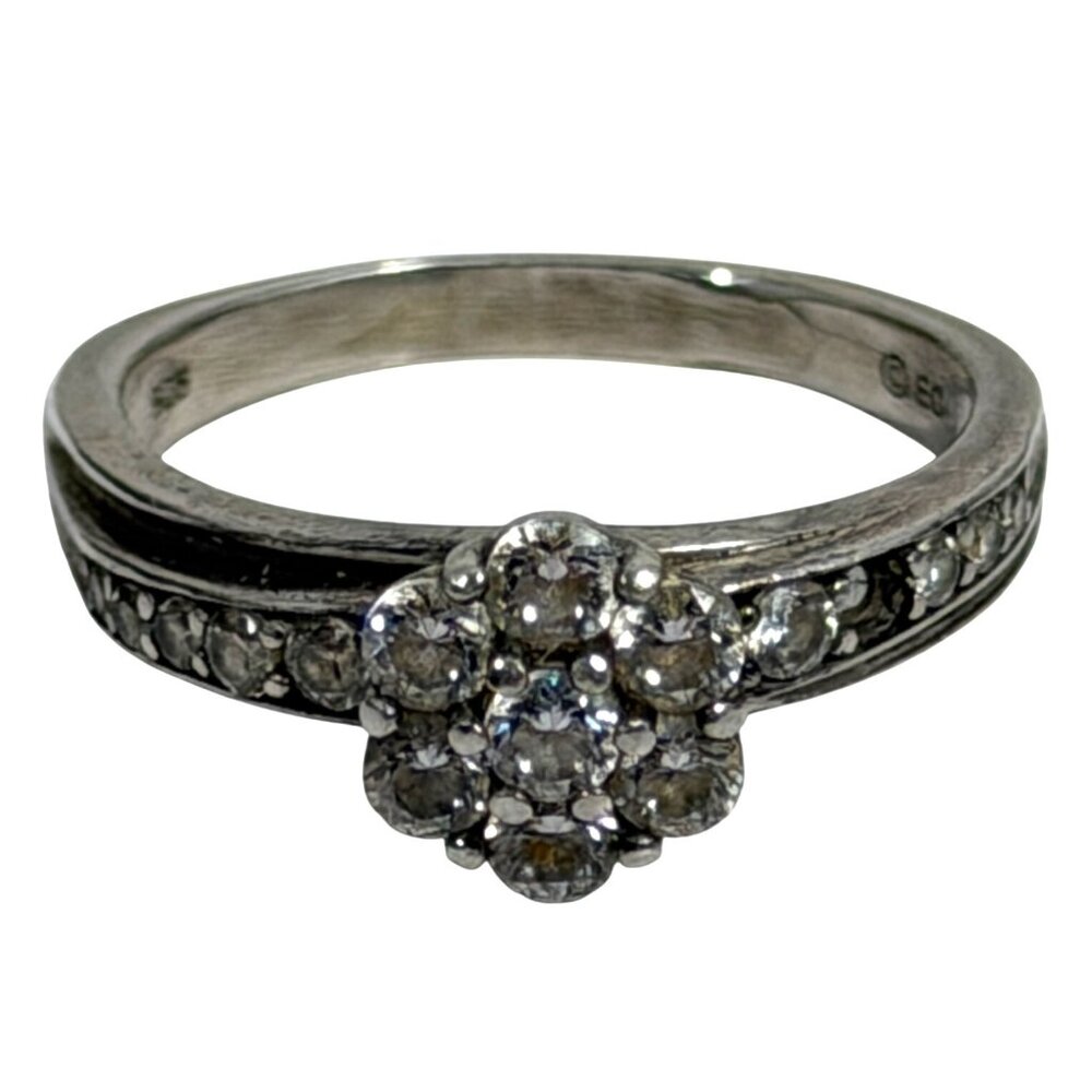 Vintage Cubic Zirconia Sterling Silver Floral Cluster Ring Signed EC 925 Size 8